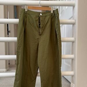 Frame Cotton Olive Green Wide Leg Pleated Pants